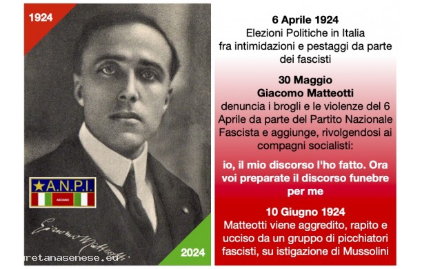 2024, Lunedì 10 Giugno - Commemorazione dei 100 anni dall'eccidio MATTEOTTI